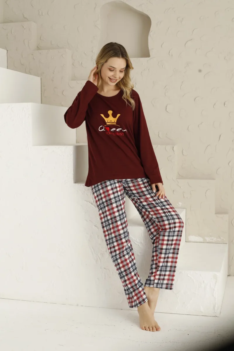 Pijama dama ,maneca lunga si pantalon lung , culoare visiniu, Engros — Görsel 2