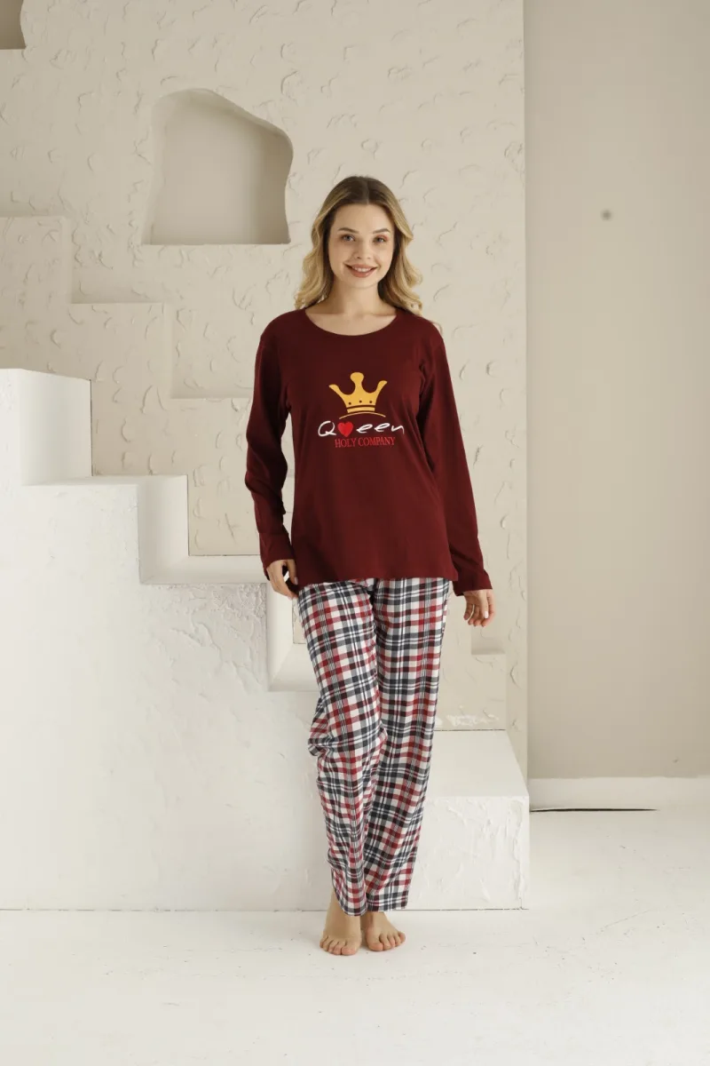 Pijama dama ,maneca lunga si pantalon lung , culoare visiniu, Engros — Görsel 4