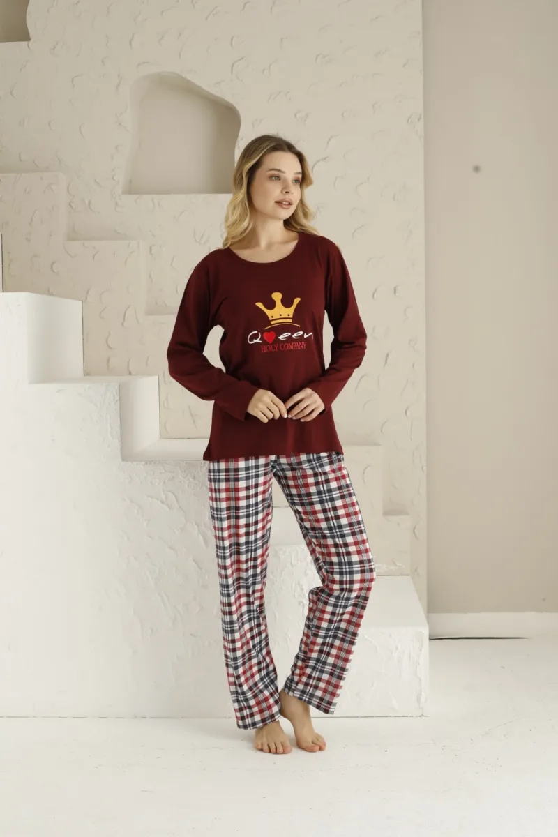 Pijama dama ,maneca lunga si pantalon lung , culoare visiniu, Engros — Görsel 5