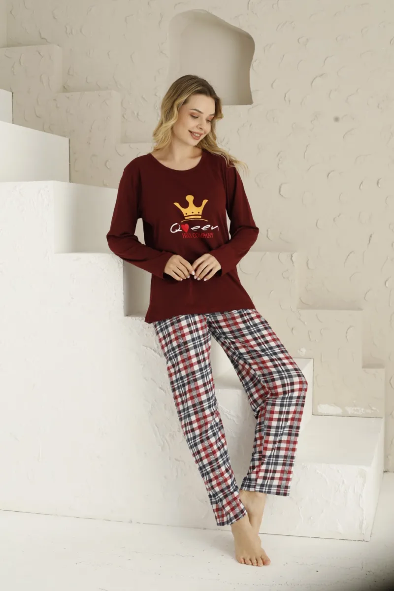 Pijama dama ,maneca lunga si pantalon lung , culoare visiniu, Engros — Görsel 6