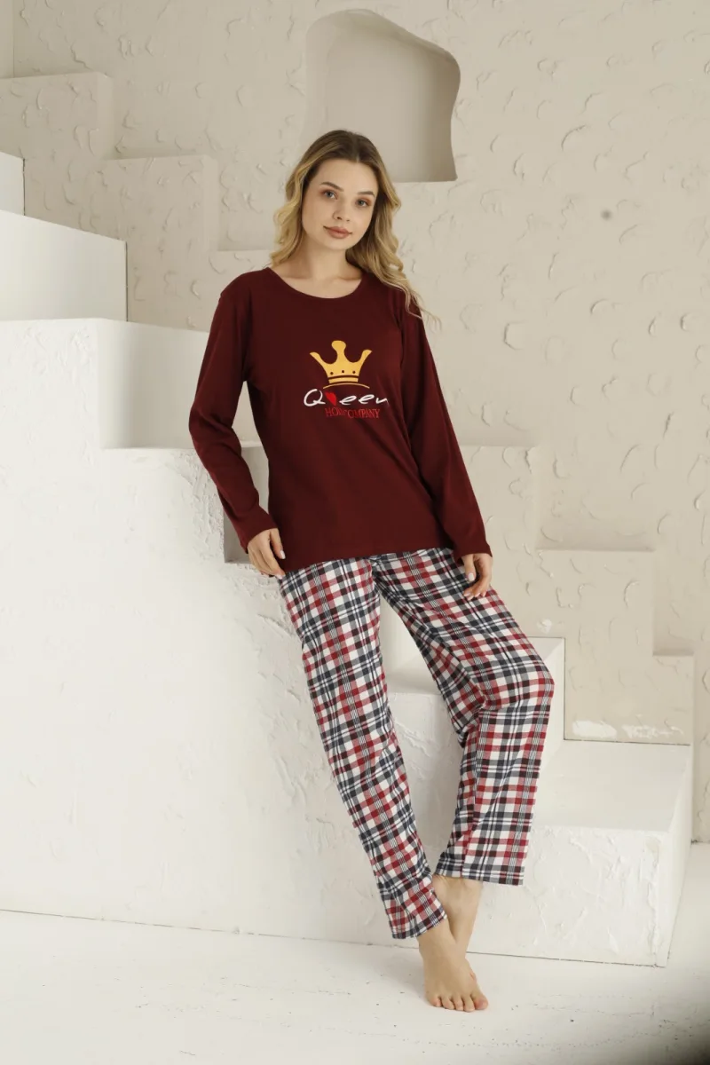 Pijama dama ,maneca lunga si pantalon lung , culoare visiniu, Engros — Görsel 7