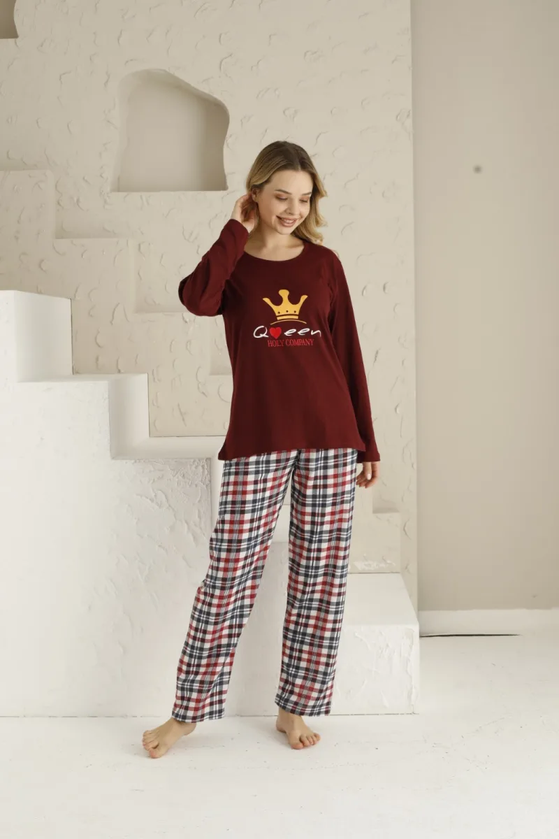 Pijama dama ,maneca lunga si pantalon lung , culoare visiniu, Engros — Görsel 8