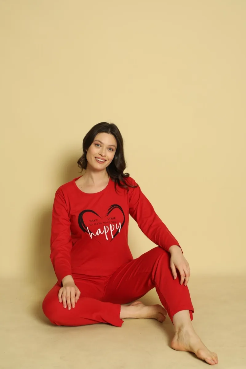 Pijama dama Serena-maneca lunga si pantalon lung, culoare rosu ,Engros — Görsel 2