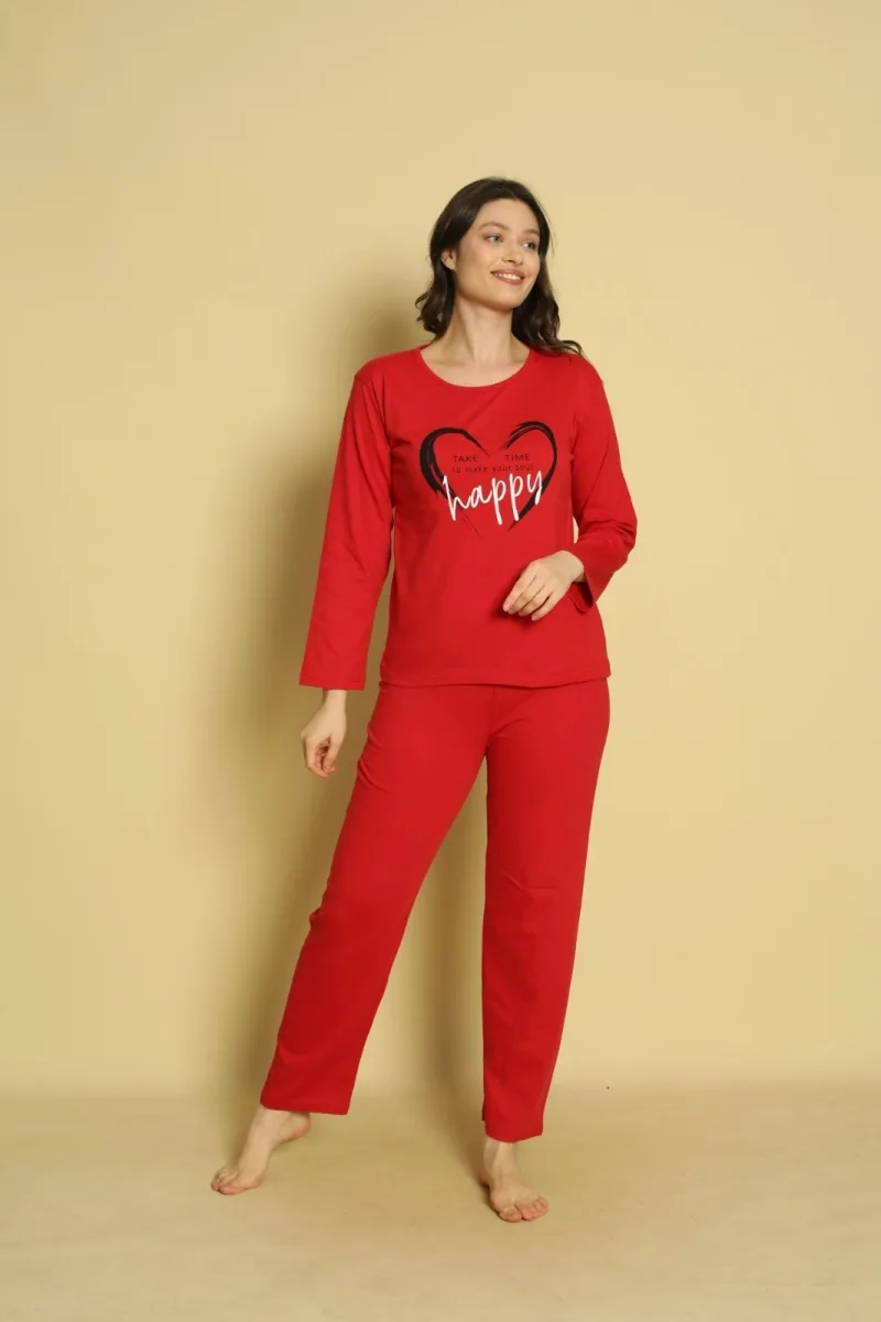 Pijama dama Serena-maneca lunga si pantalon lung, culoare rosu ,Engros — Görsel 3