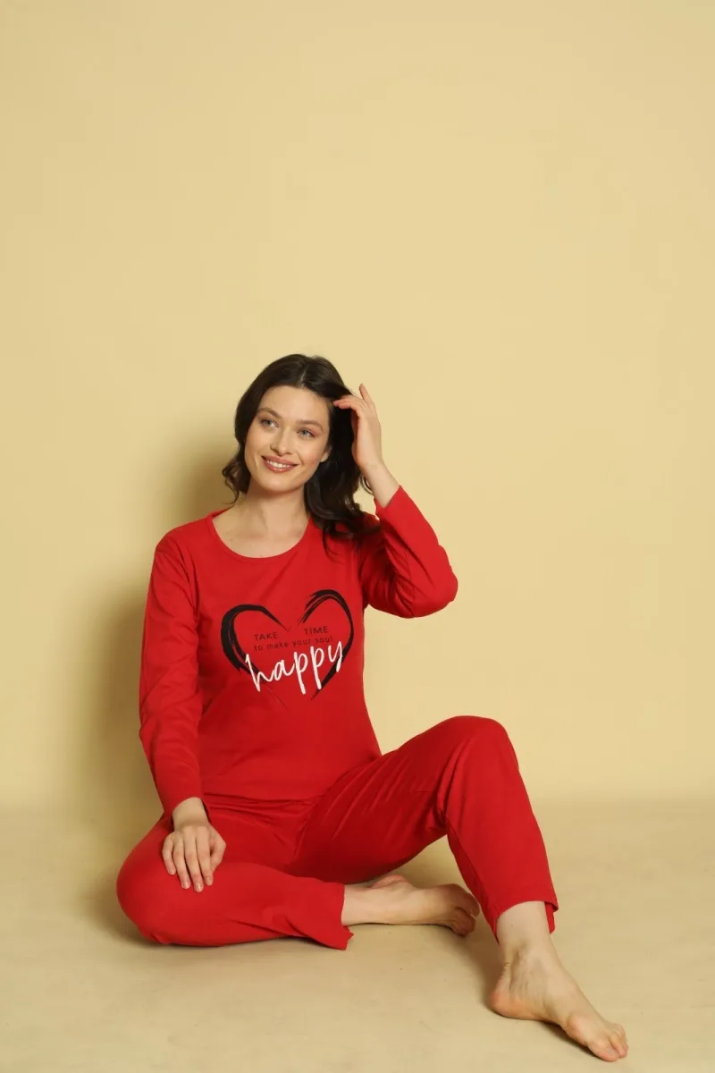 Pijama dama Serena-maneca lunga si pantalon lung, culoare rosu ,Engros — Görsel 4