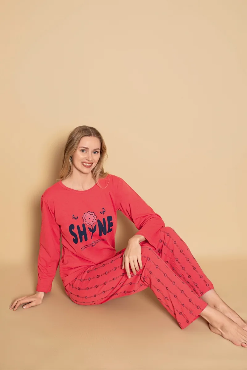 Pijama dama Serena-maneca lunga si pantalon lung, culoare coral ,Engros — Imaginea 2