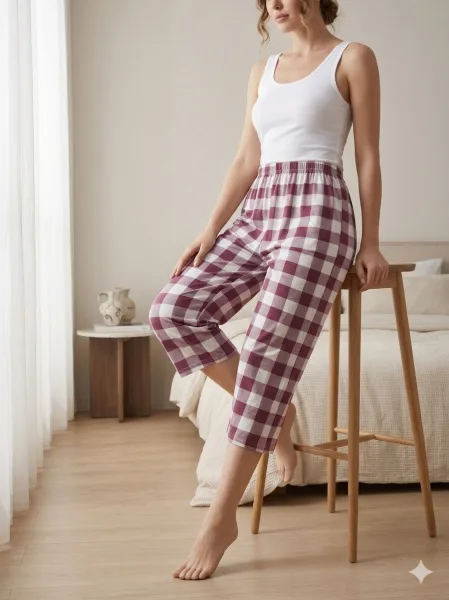 Pantaloni pijama Serena 3/4 dama ,culoare alb si bordo  ,Engros