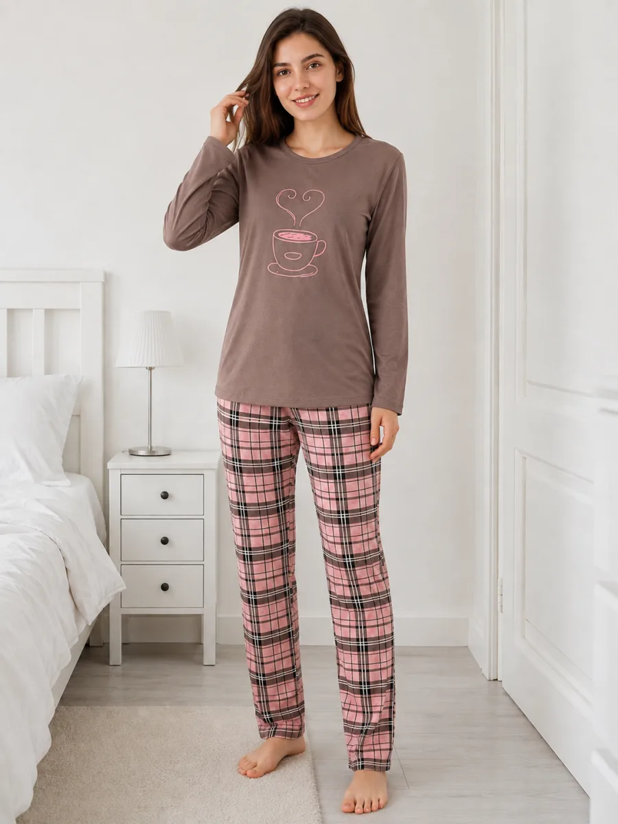 Pijama damă Serena cu bluză cu maneca lunga și pantaloni lung -Maro ,Engros — Görsel 1
