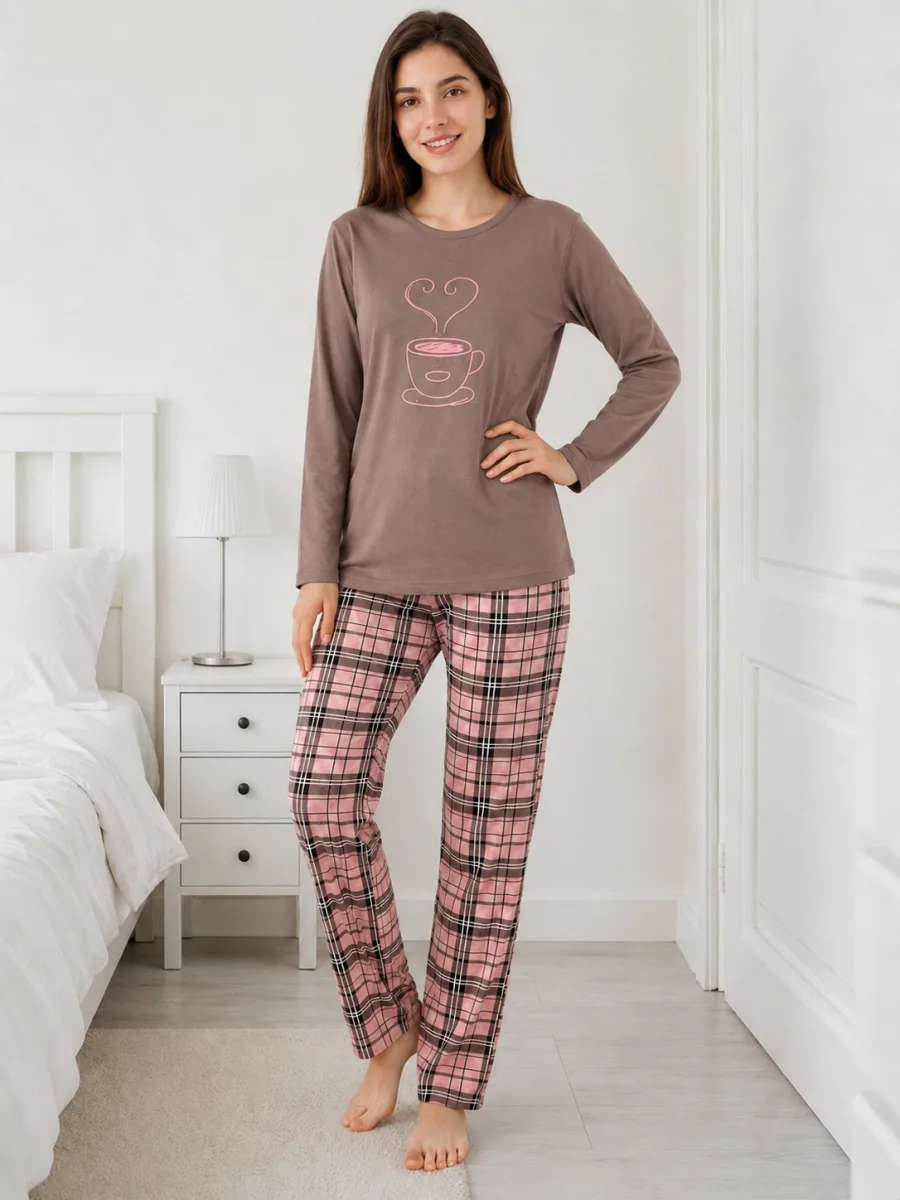 Pijama damă Serena cu bluză cu maneca lunga și pantaloni lung -Maro ,Engros — Görsel 2