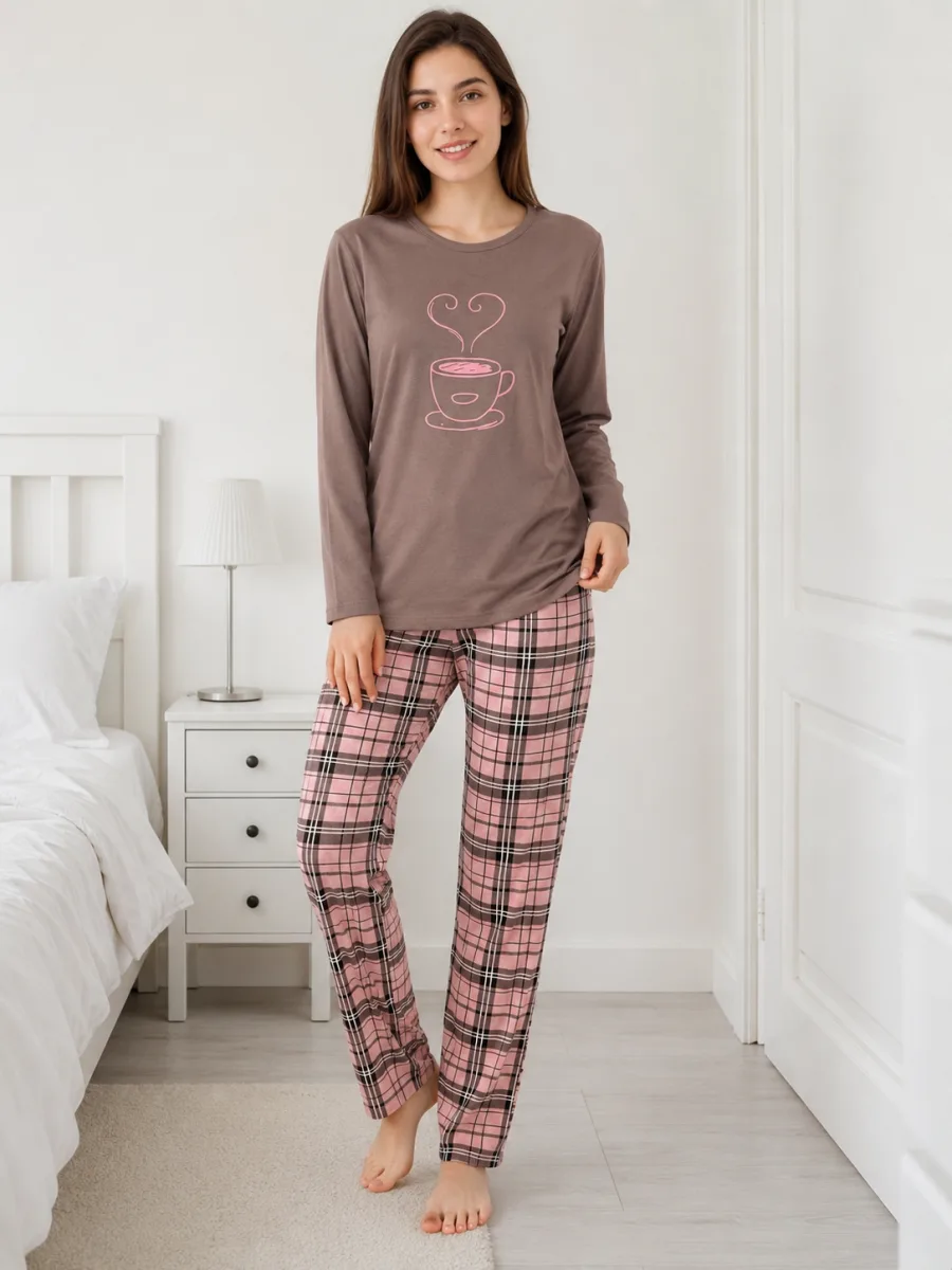 Pijama damă Serena cu bluză cu maneca lunga și pantaloni lung -Maro ,Engros — Görsel 3