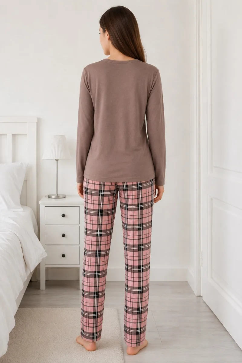 Pijama damă Serena cu bluză cu maneca lunga și pantaloni lung -Maro ,Engros — Görsel 4