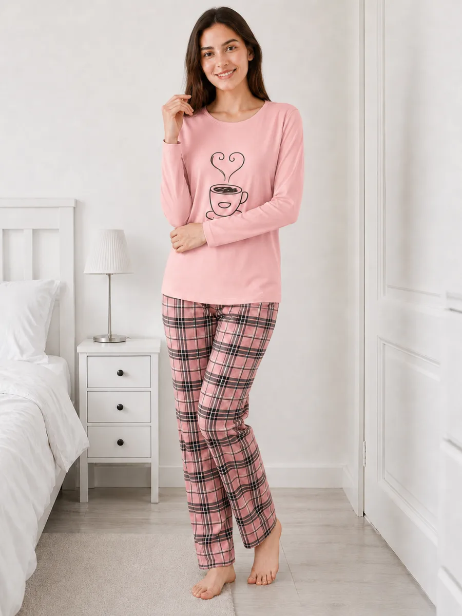 Pijama damă Serena cu bluză cu maneca lunga și pantaloni lung -Roz,Engros — Görsel 2