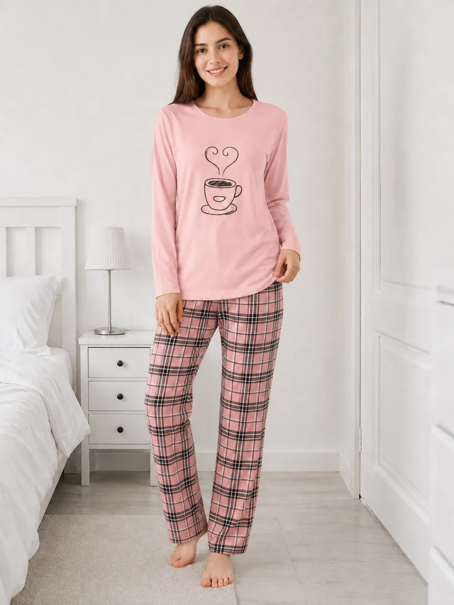 Pijama damă Serena cu bluză cu maneca lunga și pantaloni lung -Roz,Engros — Görsel 3