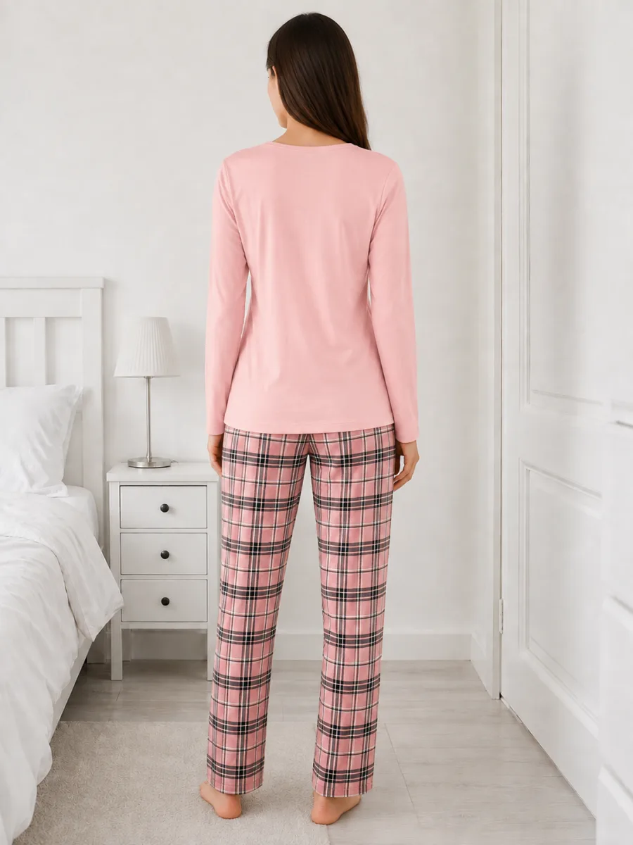 Pijama damă Serena cu bluză cu maneca lunga și pantaloni lung -Roz,Engros — Görsel 4