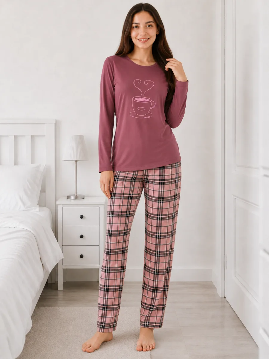 Pijama damă  Serena  bluză cu maneca lunga și pantaloni lung -Visiniu,Engros — Image 1
