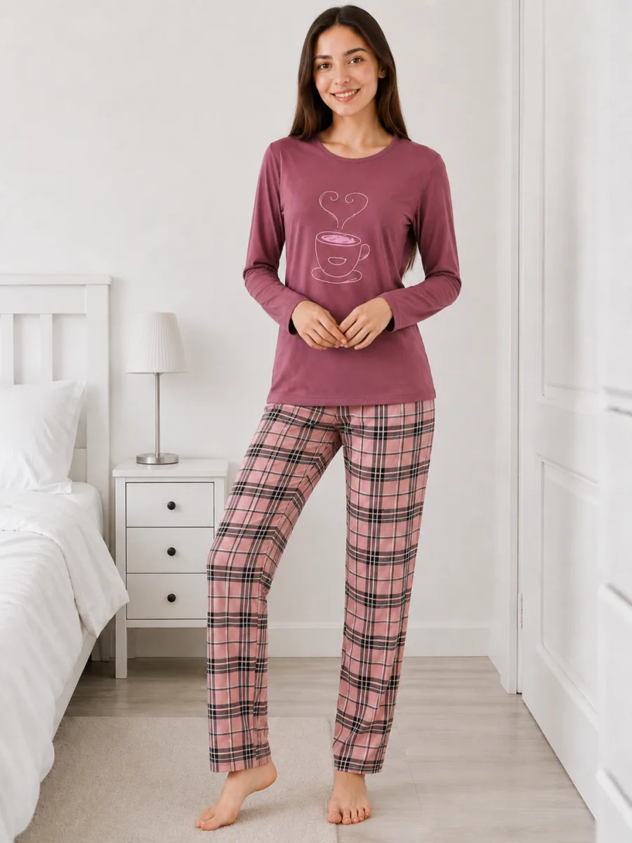 Pijama damă  Serena  bluză cu maneca lunga și pantaloni lung -Visiniu,Engros — Image 2