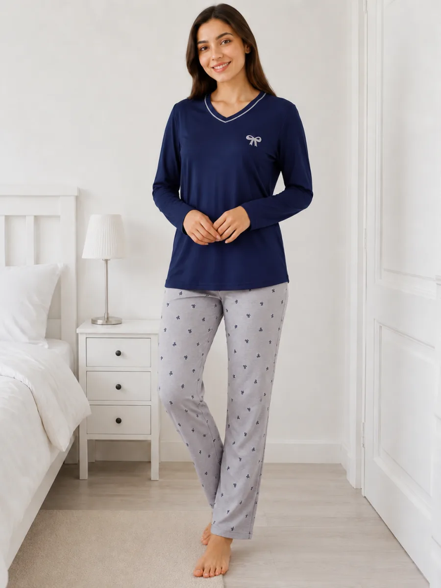 Pijama damă  Serena bluză cu maneca lunga și pantaloni lung -Bleumarin ,Engros — Görsel 1