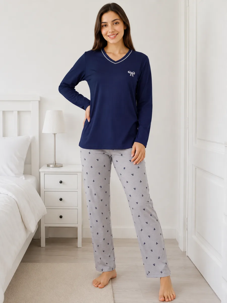 Pijama damă  Serena bluză cu maneca lunga și pantaloni lung -Bleumarin ,Engros — Görsel 2