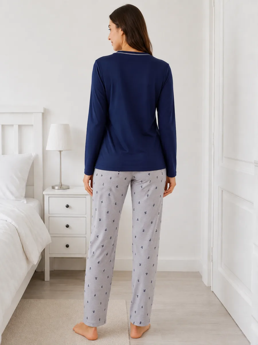 Pijama damă  Serena bluză cu maneca lunga și pantaloni lung -Bleumarin ,Engros — Görsel 3
