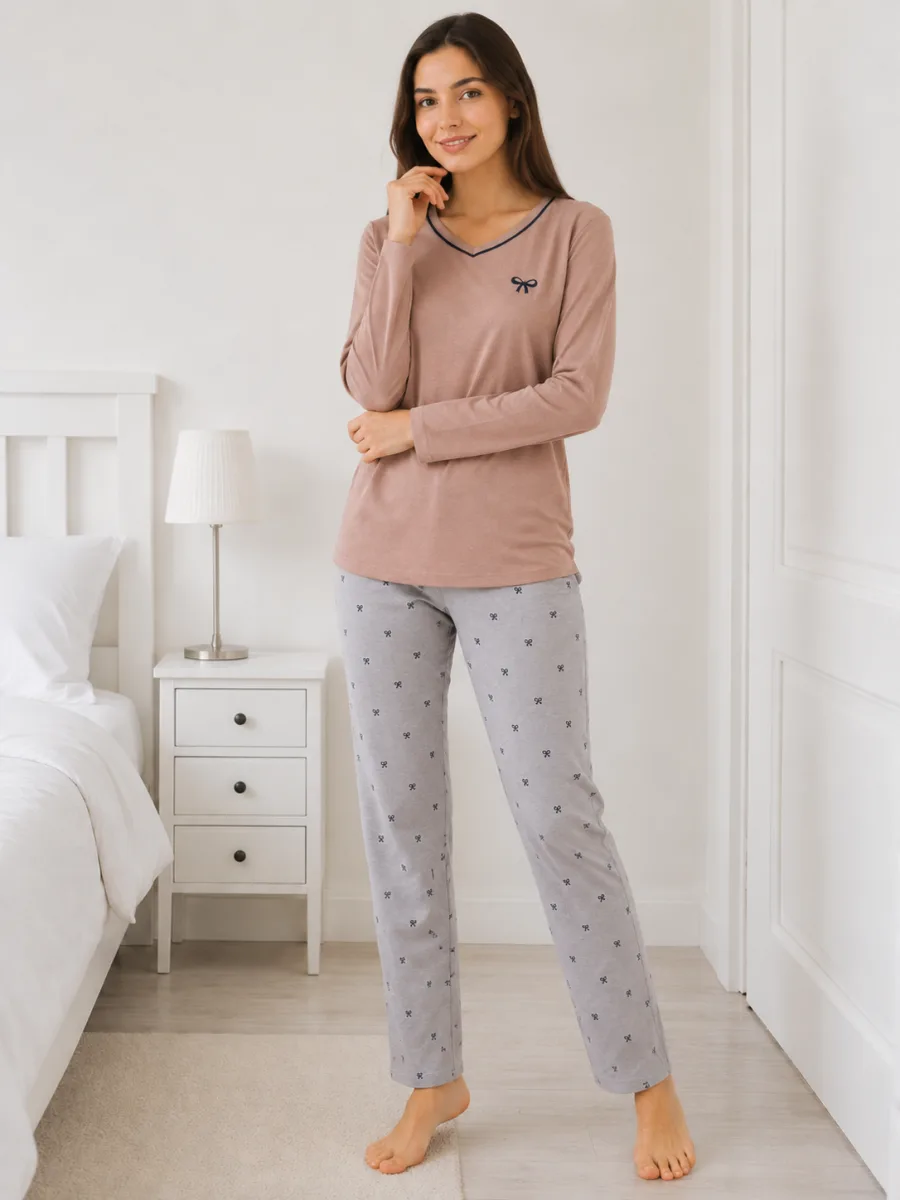 Pijama  damă  Serena  bluză cu maneca lunga și pantaloni lung -Bej ,Engros — Imaginea 2