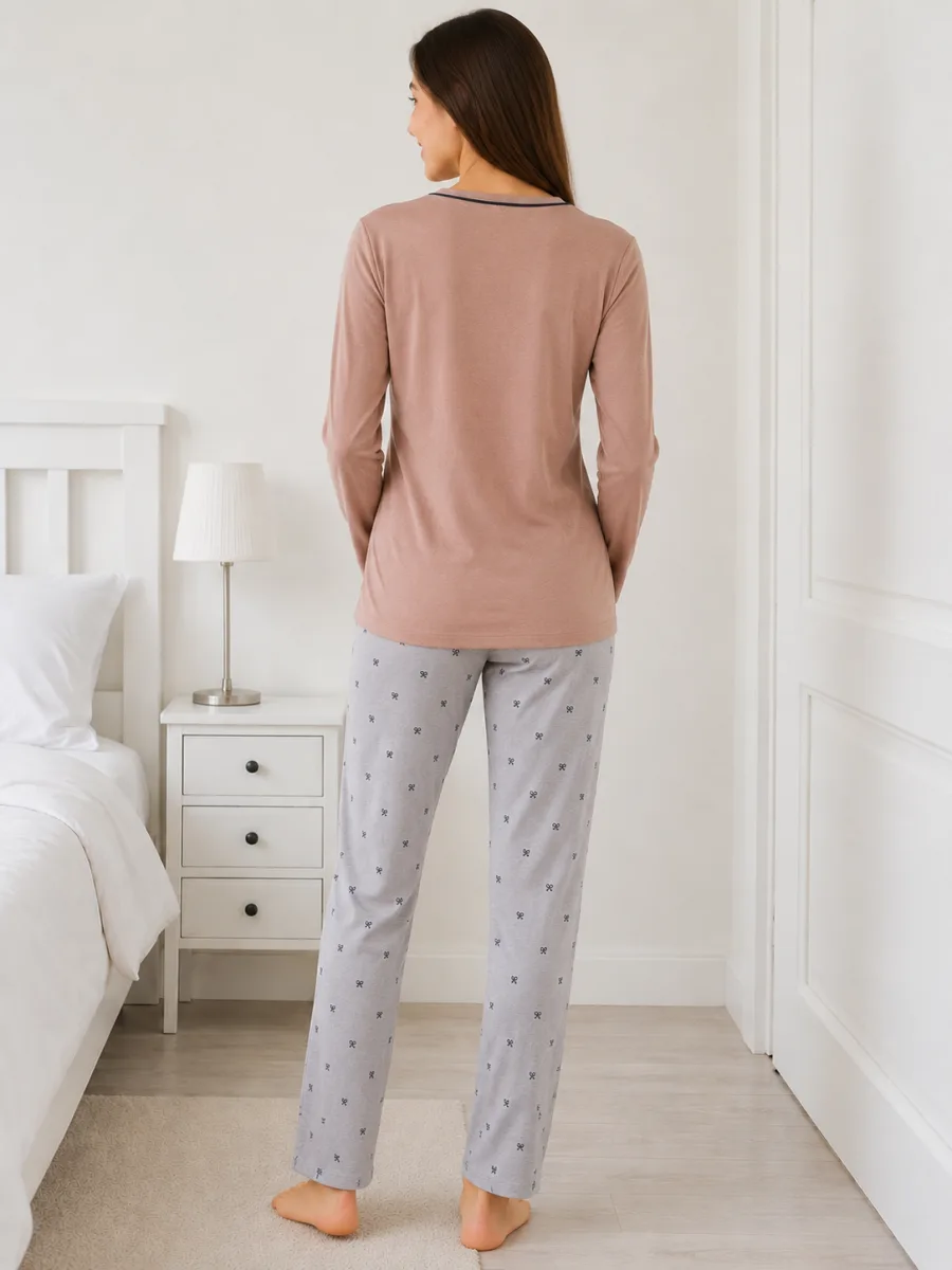 Pijama  damă  Serena  bluză cu maneca lunga și pantaloni lung -Bej ,Engros — Imaginea 3