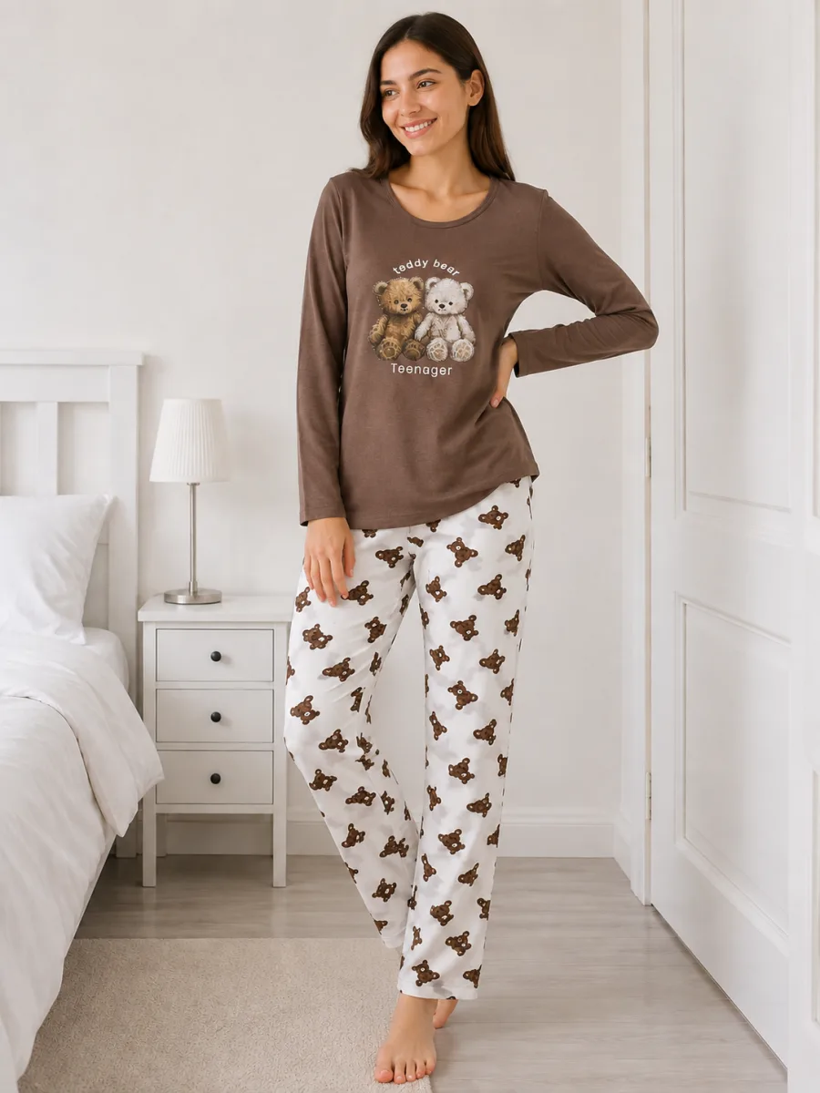 Pijama  damă  Serena bluză cu maneca lunga și pantaloni lung -Maro ,Engros — Imaginea 2