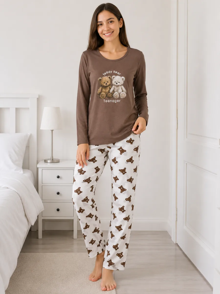 Pijama  damă  Serena bluză cu maneca lunga și pantaloni lung -Maro ,Engros — Imaginea 3