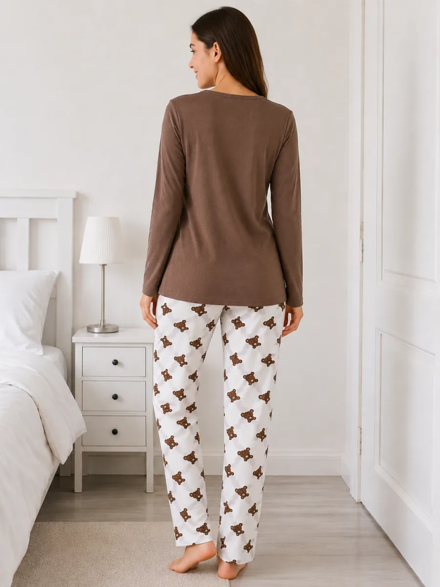 Pijama  damă  Serena bluză cu maneca lunga și pantaloni lung -Maro ,Engros — Imaginea 4