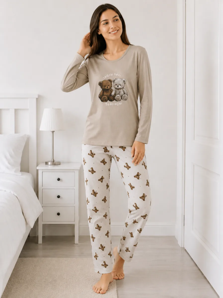 Pijama damă  Serena  bluză cu maneca lunga și pantaloni lung -Bej ,Engros — Görsel 2