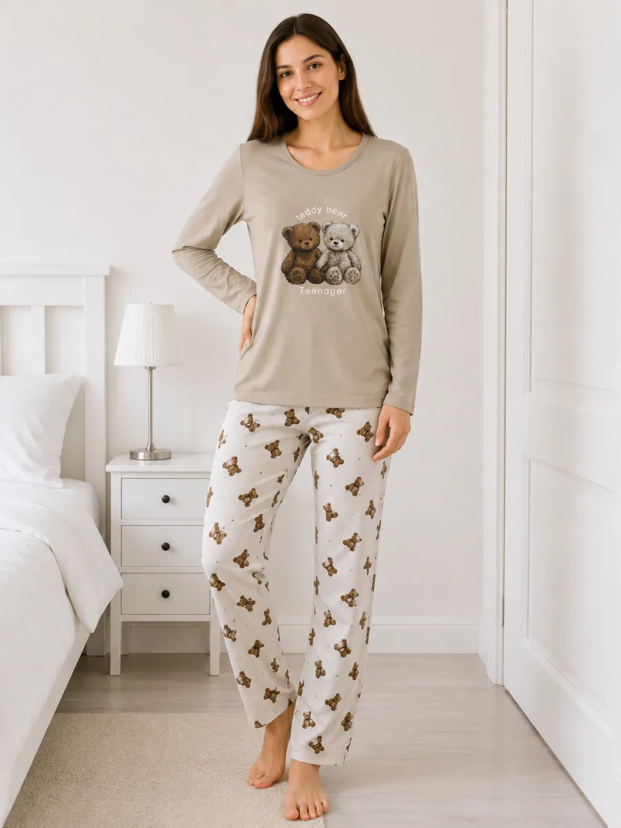 Pijama damă  Serena  bluză cu maneca lunga și pantaloni lung -Bej ,Engros — Görsel 3