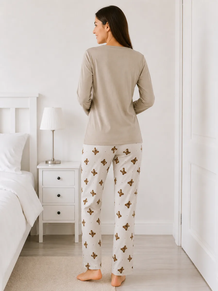 Pijama damă  Serena  bluză cu maneca lunga și pantaloni lung -Bej ,Engros — Görsel 4