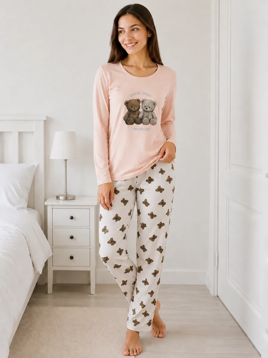 Pijama damă  Serena  bluză cu maneca lunga și pantaloni lung -roz pudra ,Engros — Image 2