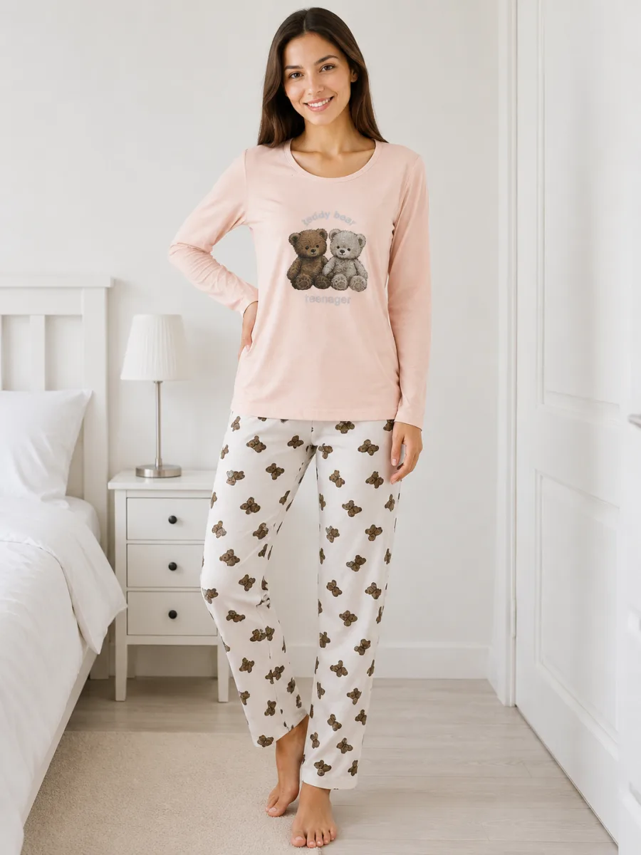 Pijama damă  Serena  bluză cu maneca lunga și pantaloni lung -roz pudra ,Engros — Image 3