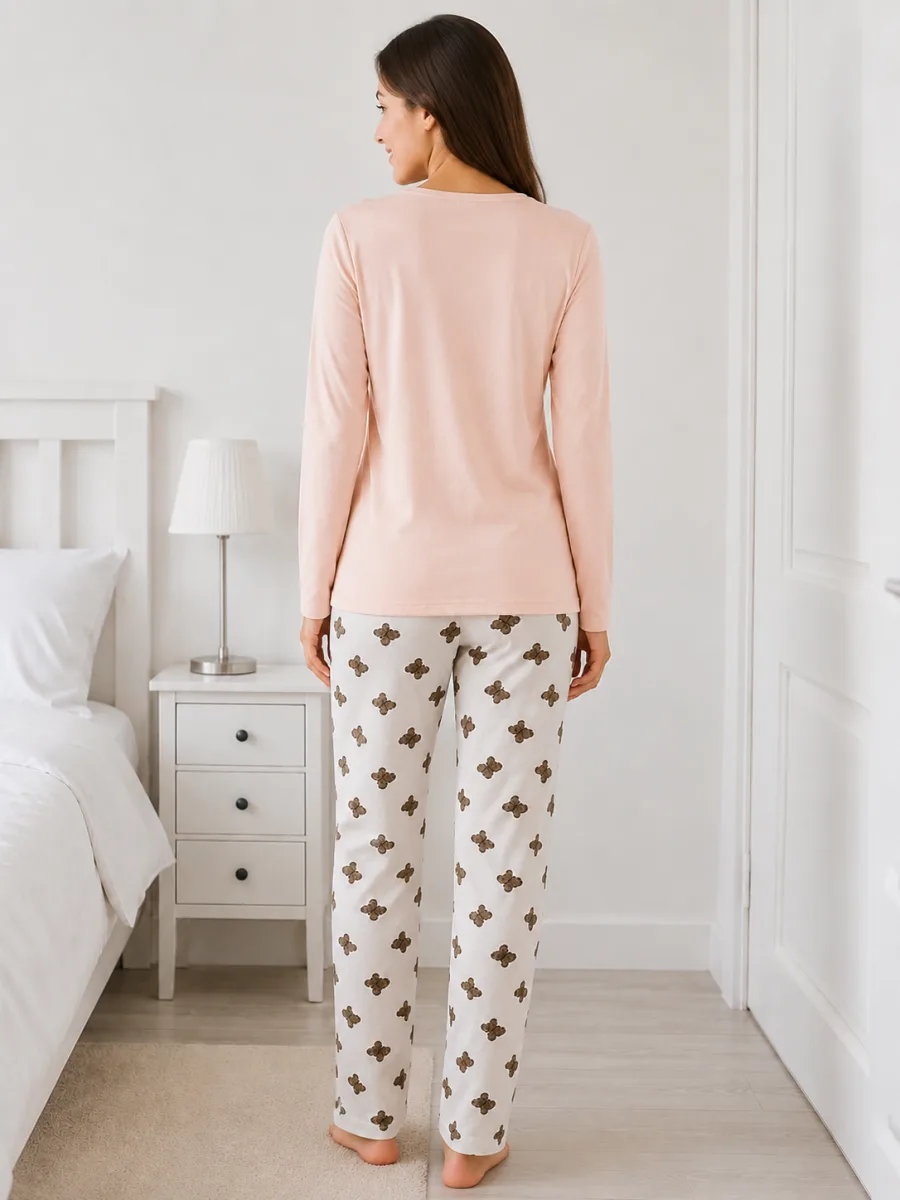 Pijama damă  Serena  bluză cu maneca lunga și pantaloni lung -roz pudra ,Engros — Image 4