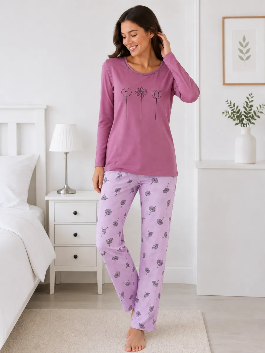 Pijama damă  Serena  bluză cu maneca lunga și pantaloni lung -Mov ,Engros — Görsel 2