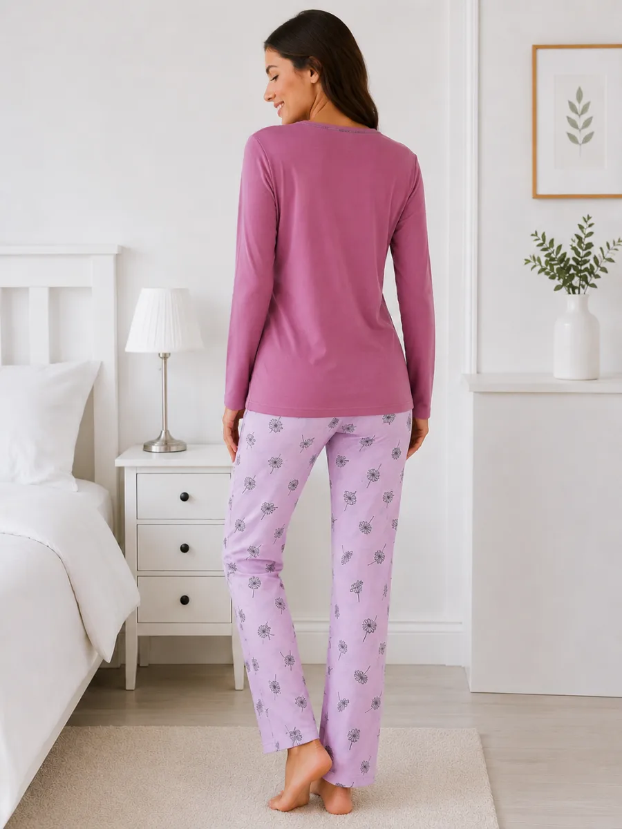 Pijama damă  Serena  bluză cu maneca lunga și pantaloni lung -Mov ,Engros — Görsel 3