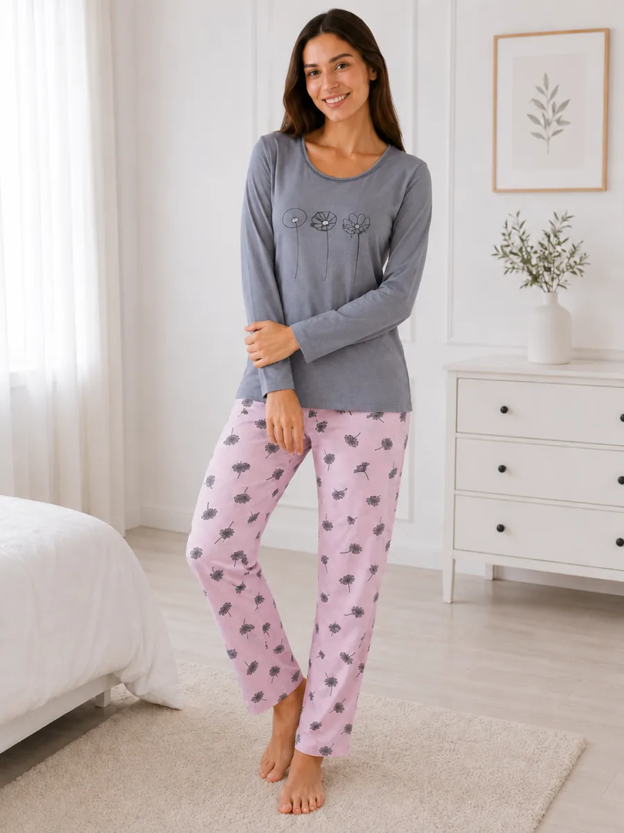 Pijama damă  Serena bluză cu maneca lunga și pantaloni lung -Gri ,Engros — Görsel 2