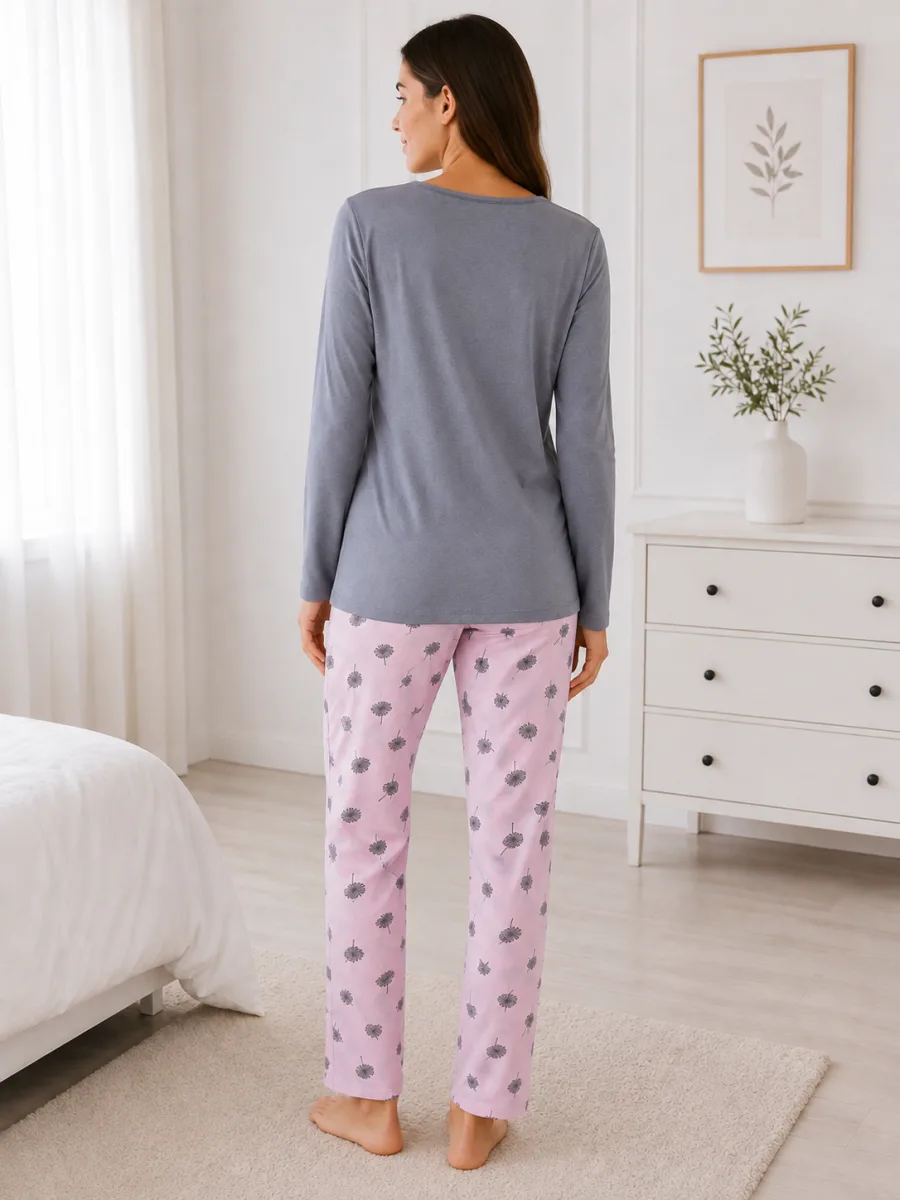 Pijama damă  Serena bluză cu maneca lunga și pantaloni lung -Gri ,Engros — Görsel 3