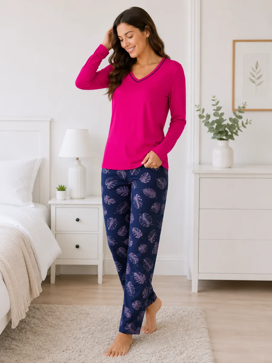 Pijama  damă  Serena  bluză cu maneca lunga și pantaloni lung -ciclam,Engros — Görsel 3