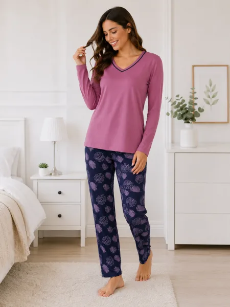 Pijama  damă Serena  bluză cu maneca lunga și pantaloni lung -Mov,Engros