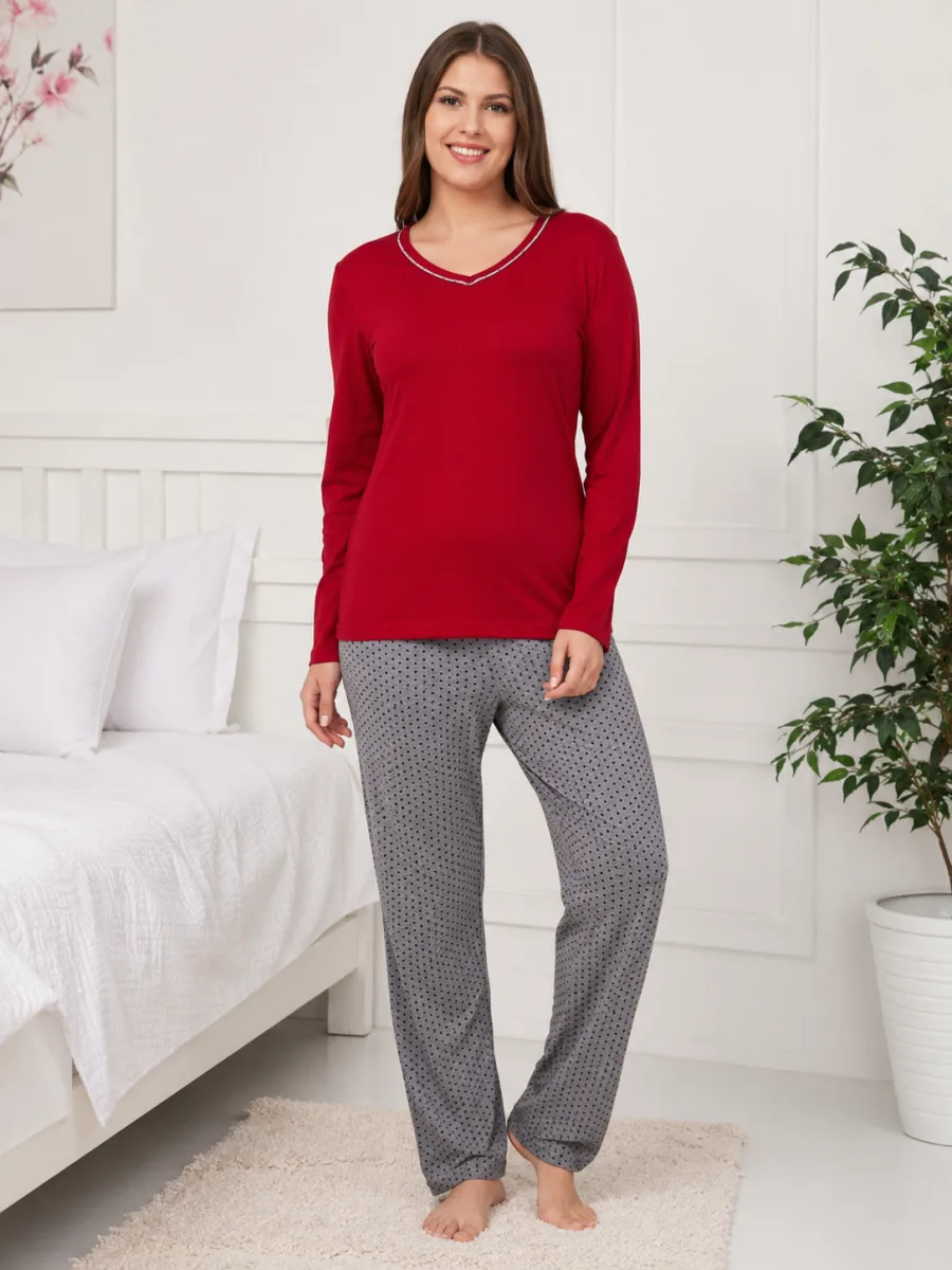 Pijama damă  Serena bluză cu maneca lunga și pantaloni lung -Rosu,Engros — Imaginea 2