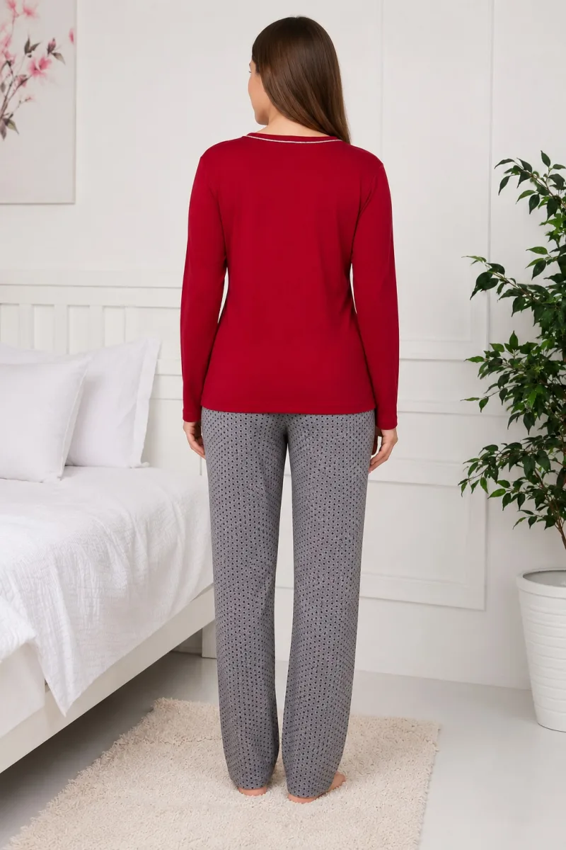 Pijama damă  Serena bluză cu maneca lunga și pantaloni lung -Rosu,Engros — Imaginea 3