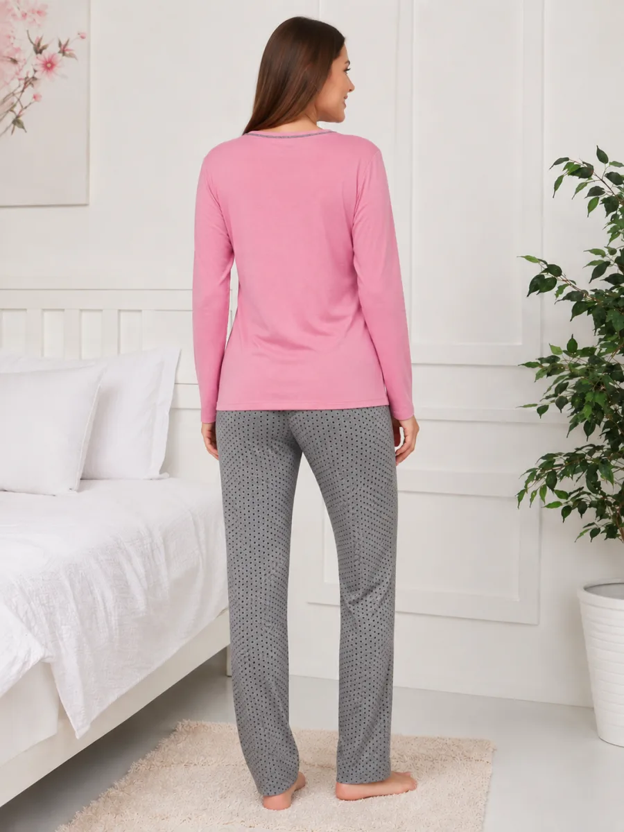 Pijama  damă  Serena  bluză cu maneca lunga și pantaloni lung -Roz,Engros — Image 3