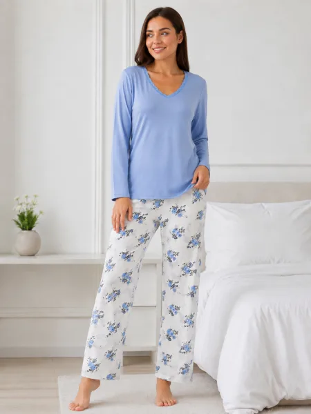 Pijama  damă  Serena  bluză cu maneca lunga și pantaloni lung -Bleu,Engros