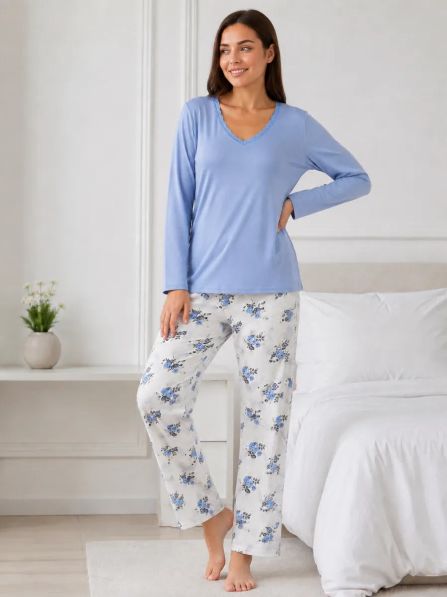 Pijama  damă  Serena  bluză cu maneca lunga și pantaloni lung -Bleu,Engros — Image 2