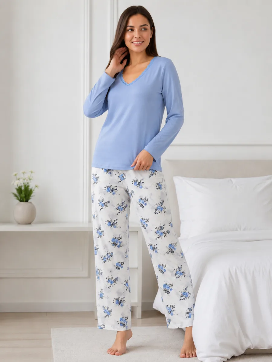 Pijama  damă  Serena  bluză cu maneca lunga și pantaloni lung -Bleu,Engros — Image 3