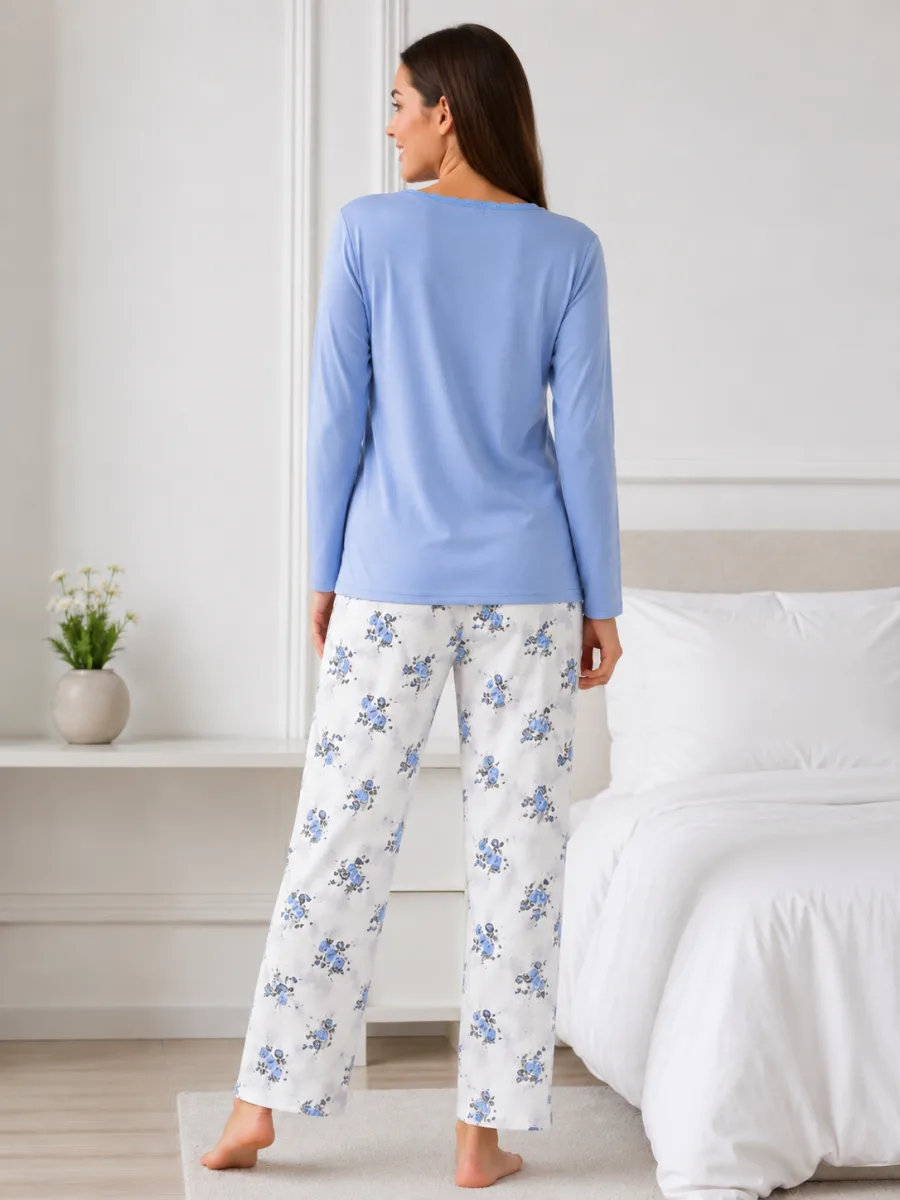 Pijama  damă  Serena  bluză cu maneca lunga și pantaloni lung -Bleu,Engros — Image 4