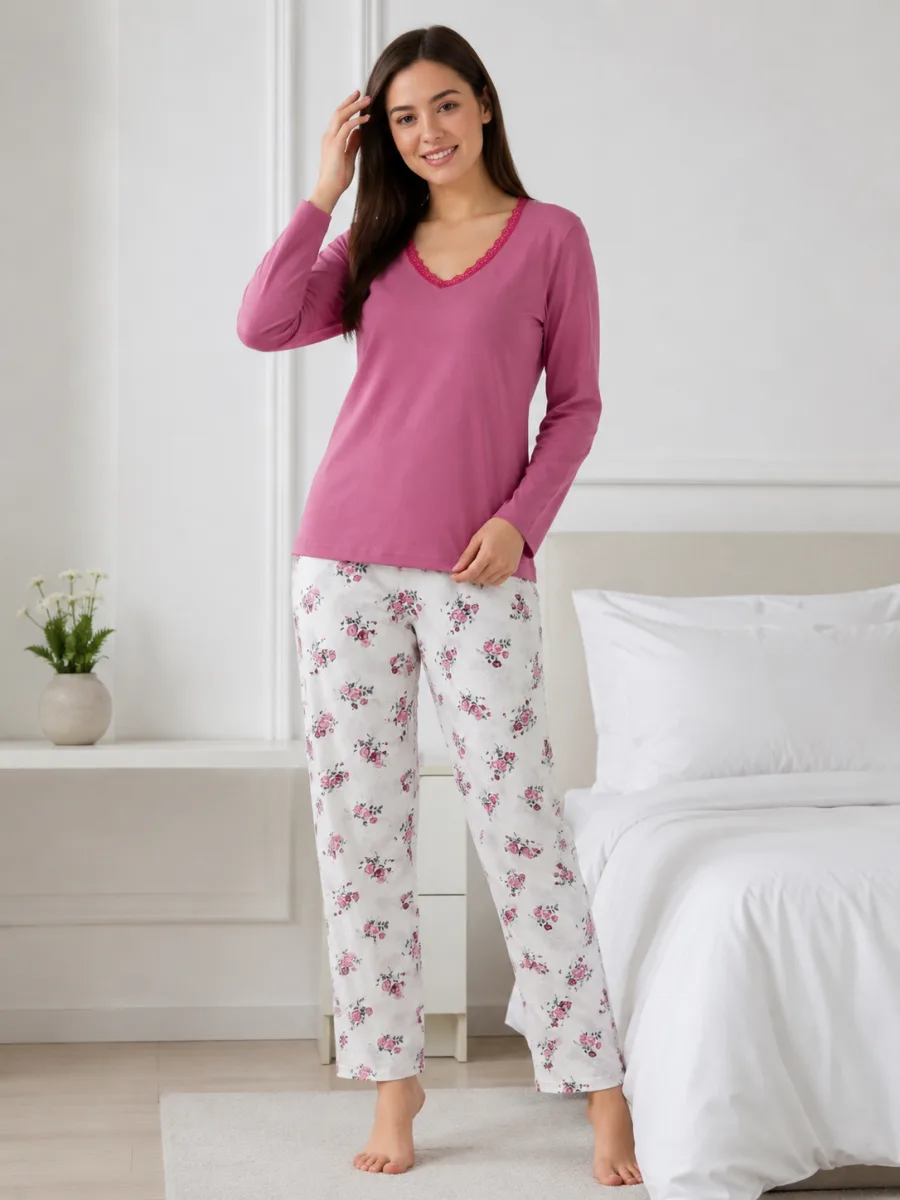 Pijama  damă  Serena  bluză cu maneca lunga și pantaloni - Roz pudra, Engros — Imaginea 1