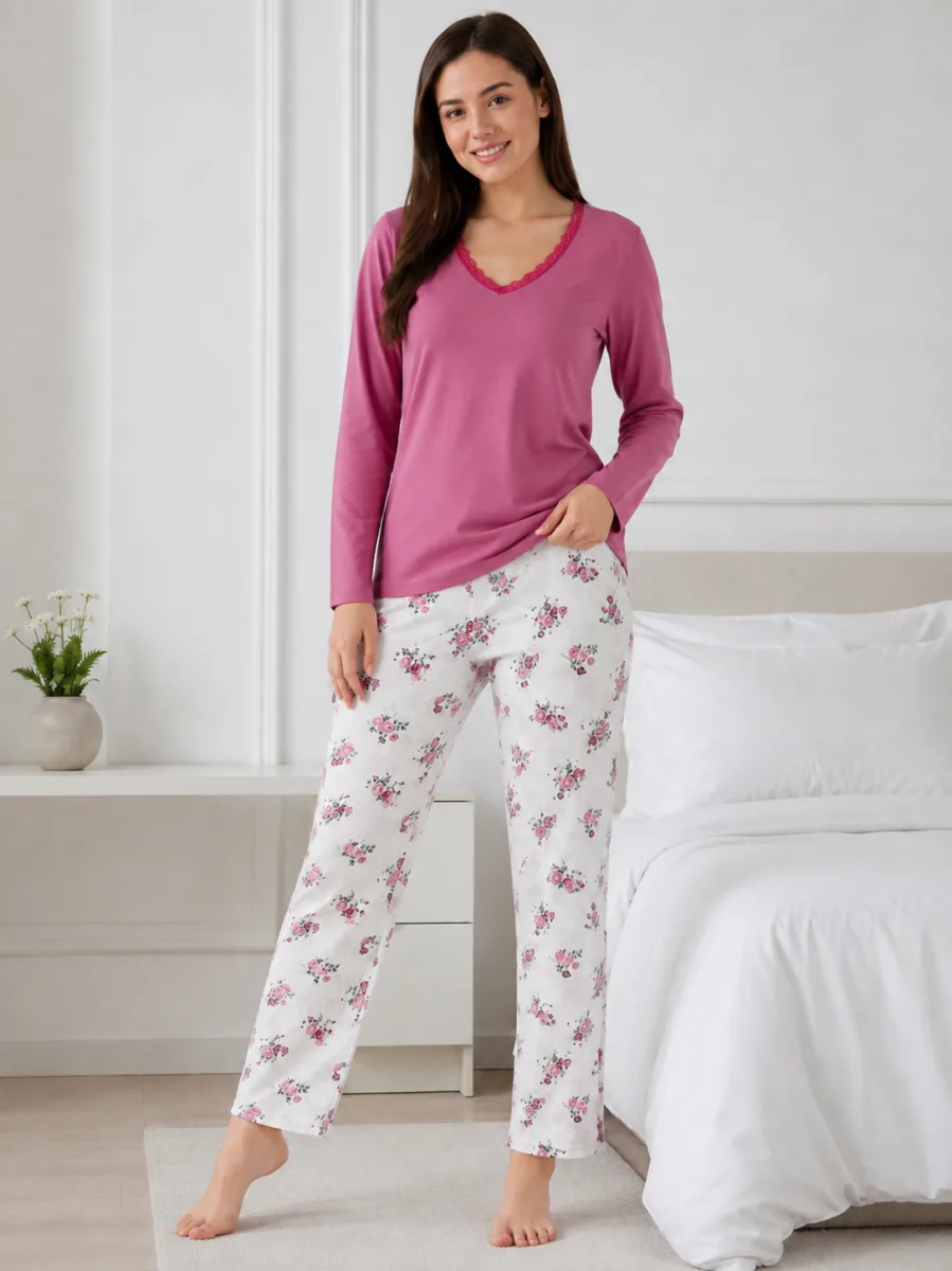 Pijama  damă  Serena  bluză cu maneca lunga și pantaloni - Roz pudra, Engros — Imaginea 2