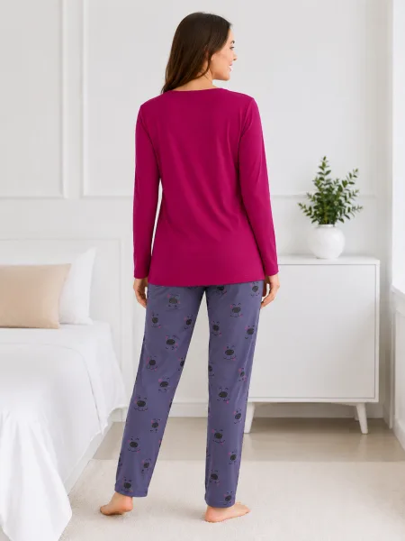 Pijama damă  Serena  bluză cu maneca lunga și pantaloni -Fucsia,Engros